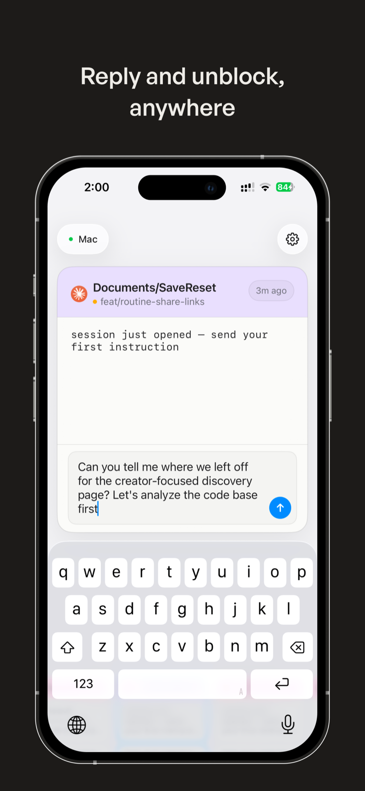 Typing a reply on iPhone with the on-screen keyboard.